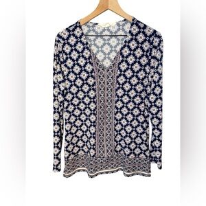 Stitch Fix Magnolia Grace Fanta Tunic Length Navy Print Mosaic Stretchy Top Sz M